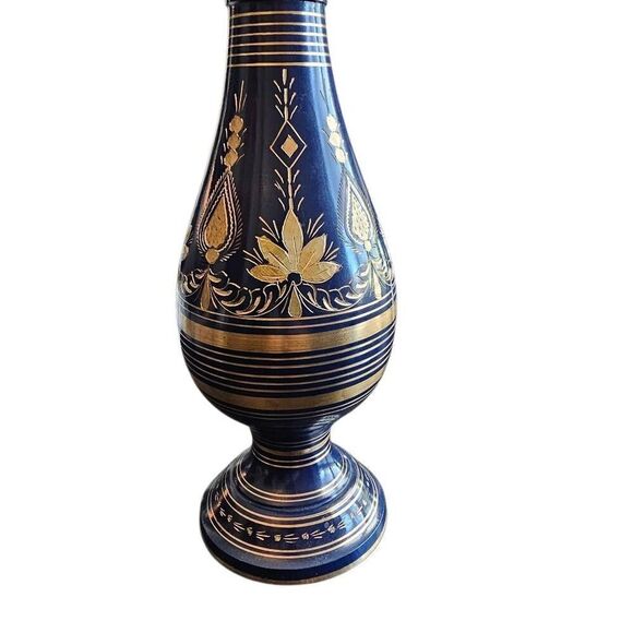 Vintage Brass Vase Damascene made in India Handcrafted Blue and Eteched Gold. Or - Picture 5 of 11